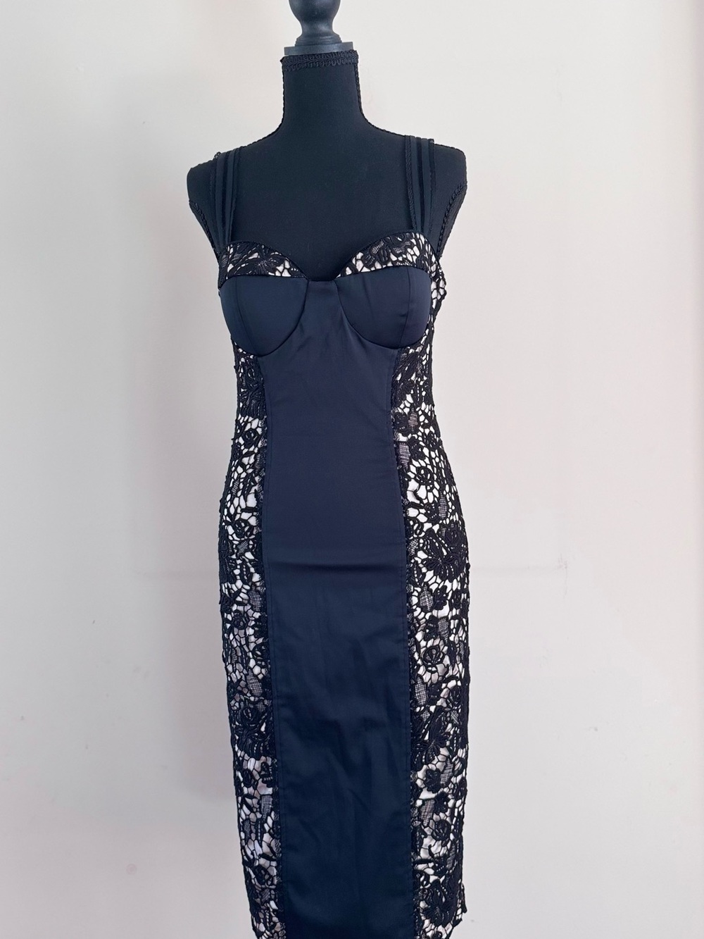 Nasty Gal Black and Floral Lace-Panel Midi Dress